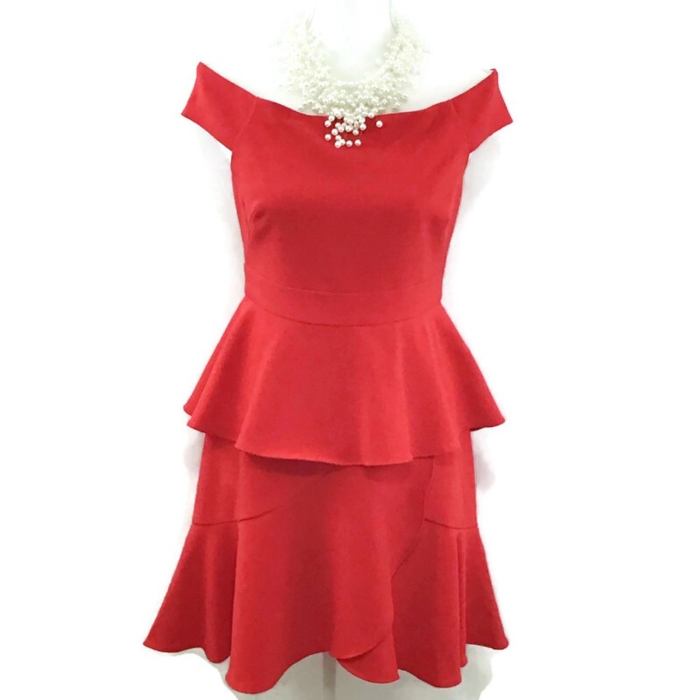 ELIZA J OFF THE SHOULDER PEPLUM FLOUNCE HEM RED DRESS NWOT - Picture 2 of 8